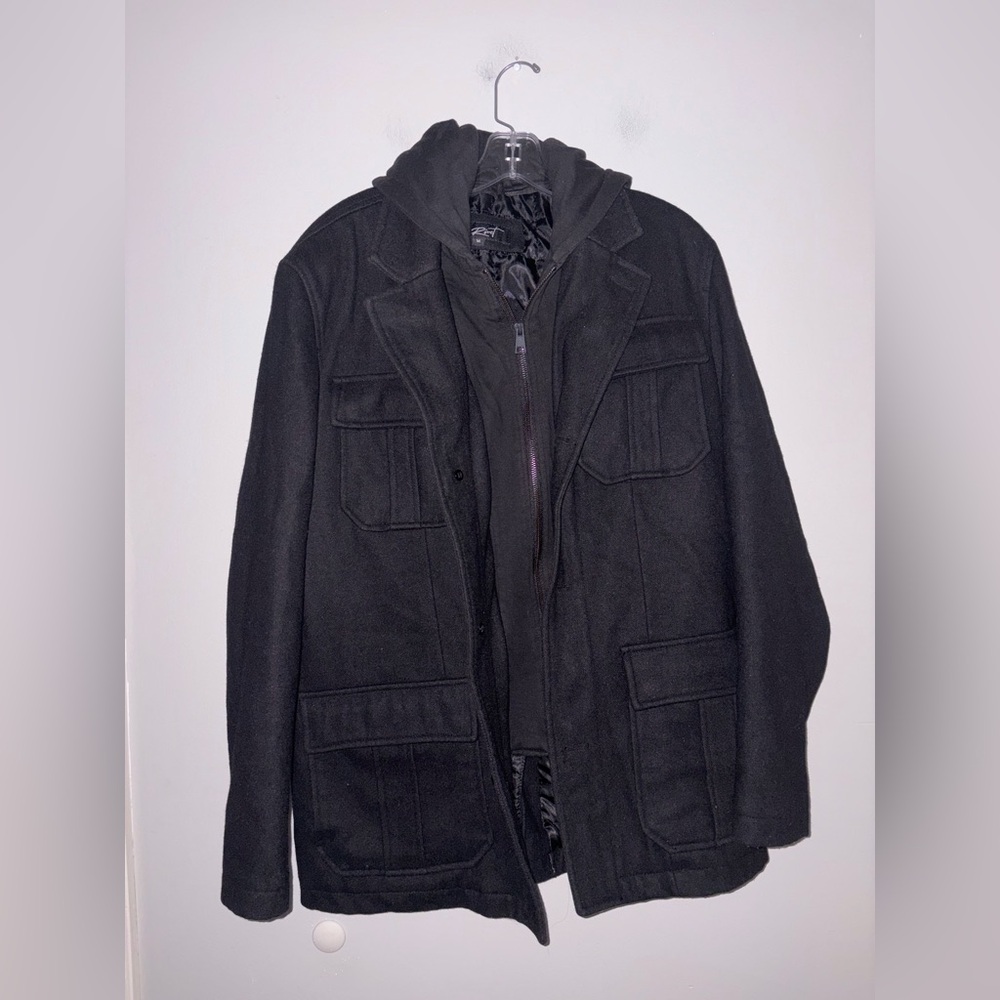 Black Rivet Wool Blend Zip Hooded Pea Coat Double Pockets Men’s M Winter Classy